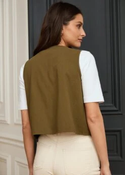Veste Saphia -Élégance Soldes Motus Boutique Printemps Gilet Saphia Kaki Ecru 4