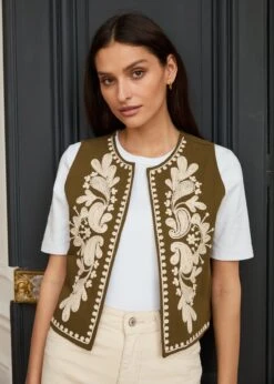 Veste Saphia -Élégance Soldes Motus Boutique Printemps Gilet Saphia Kaki Ecru 6