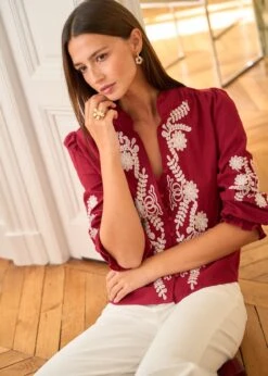 Blouse Roma -Élégance Soldes Motus Boutique WTC Blouse Roma Bordeaux Ecru 8